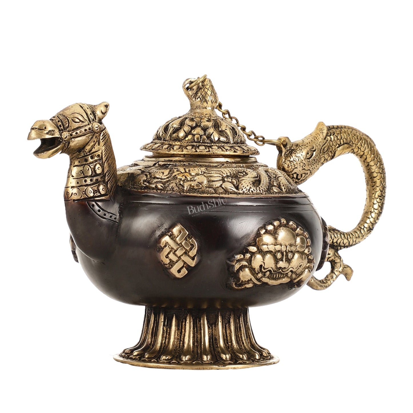 Brass Monastery Kettle for ritual Dragon and horse - Budhshiv.com