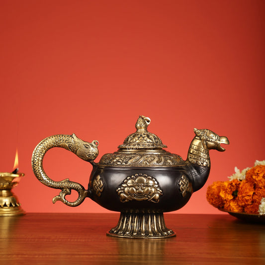Brass Monastery Kettle for ritual Dragon and horse - Budhshiv.com