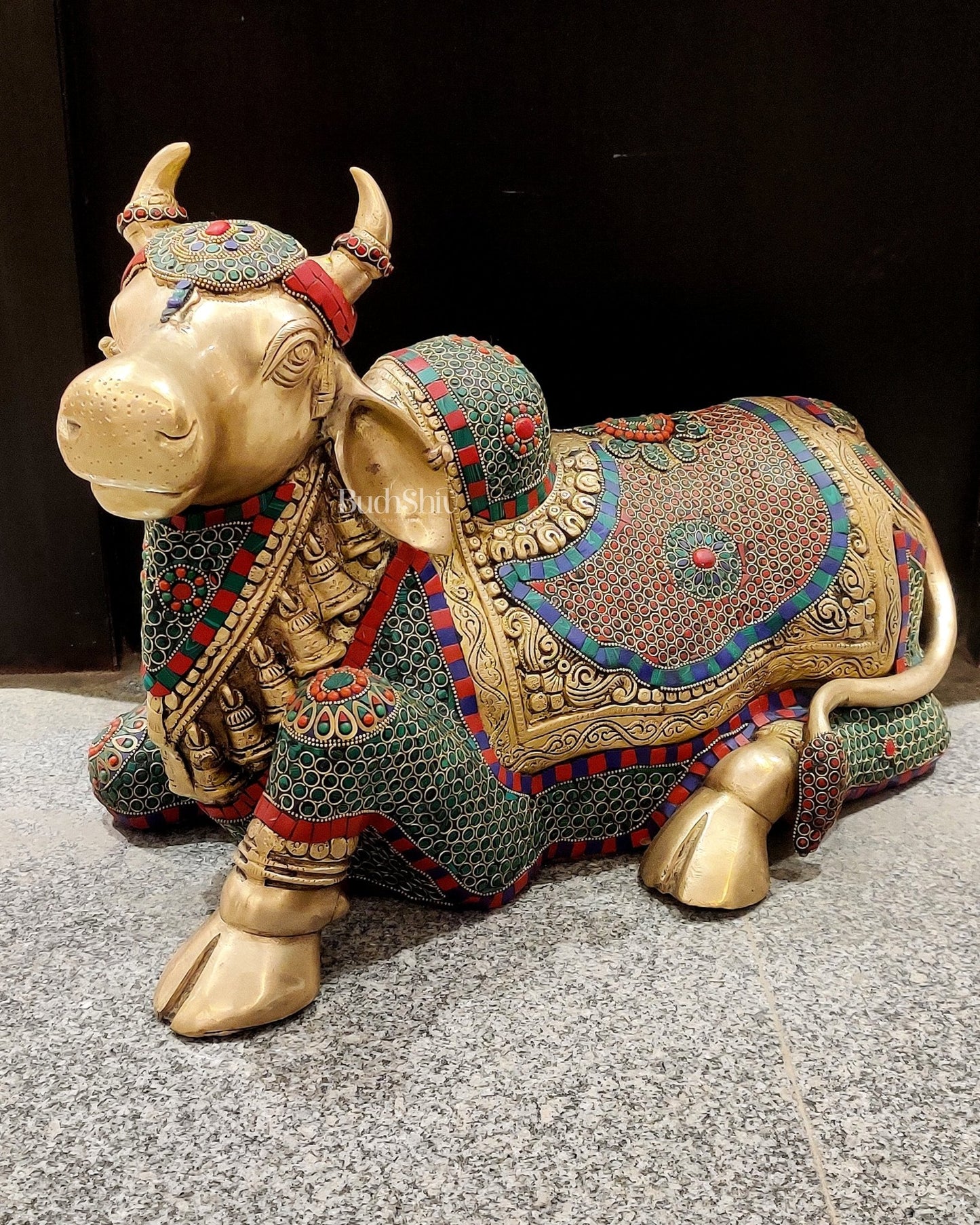 Brass Nandi Statue with Stonework - 15 inch - Budhshiv.com