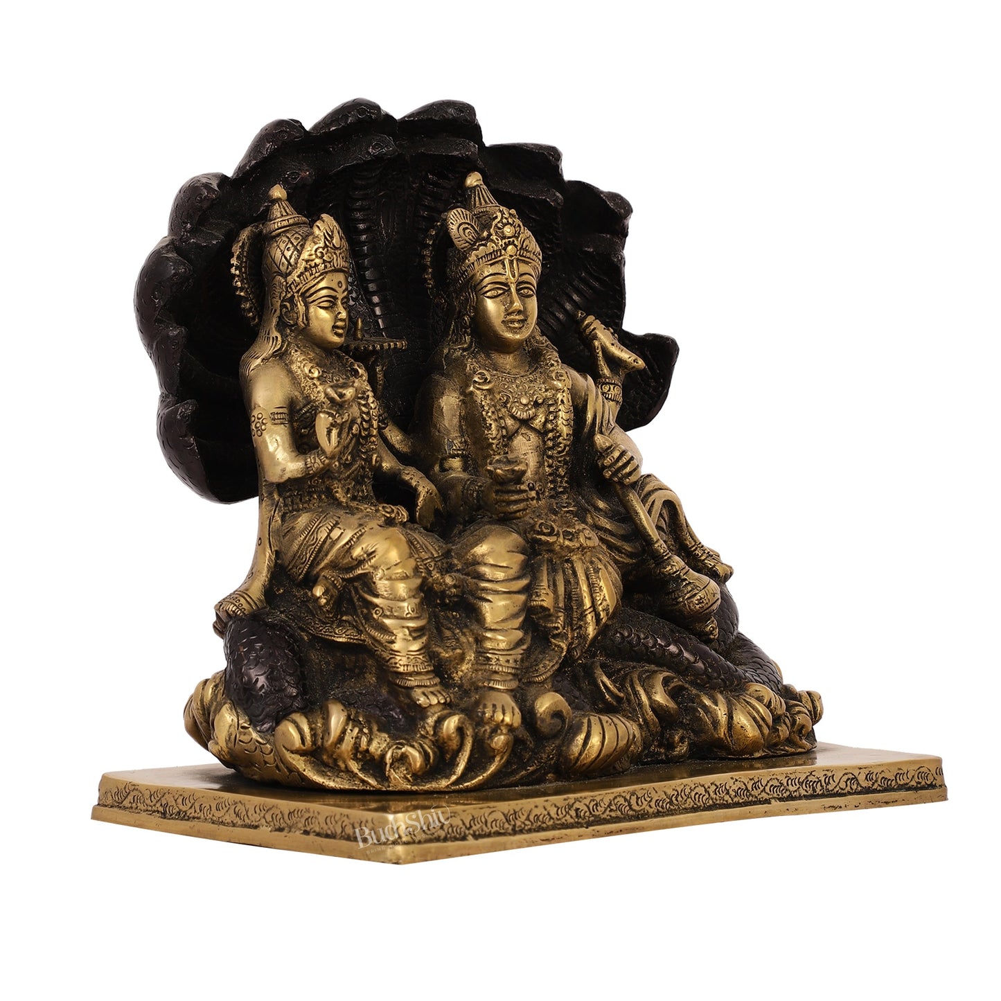 Brass Narayan Vishnu Lakshmi Idol on Sheshnaaga | 9" Height - Budhshiv.com
