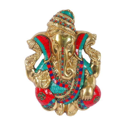 Brass Pagdi Ganesha Wall Hanging 10" Stonework - Budhshiv.com