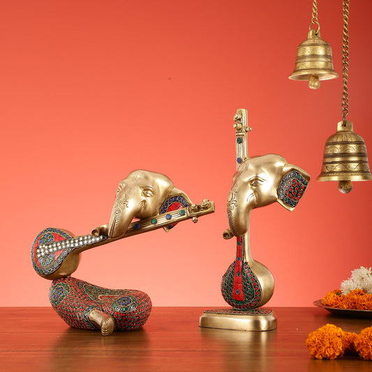 Brass Pair of Abstract Lord Ganesha Table Accents - 12 Inch Height - Budhshiv.com