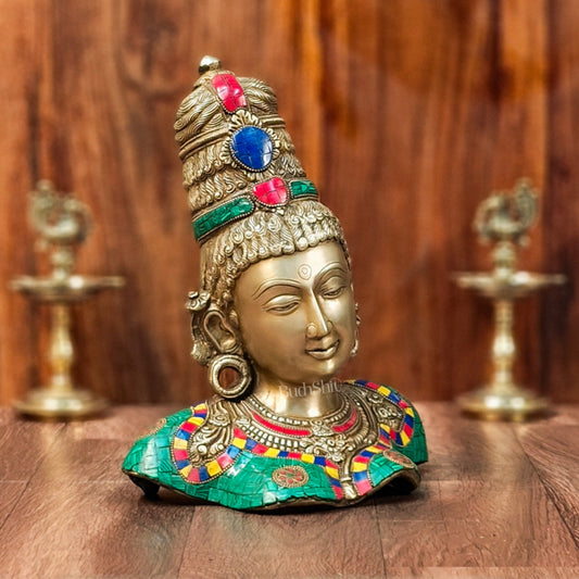Brass Parvati Bust table accent 12" with stonework - Budhshiv.com