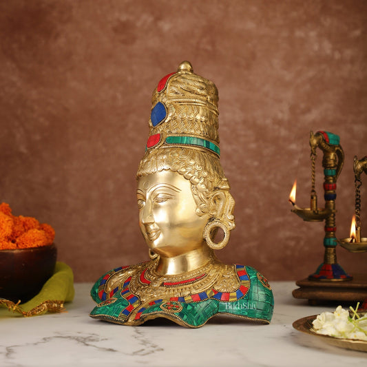Brass Parvati Bust table accent 12" with stonework - Budhshiv.com