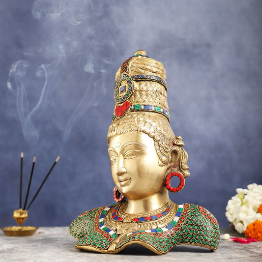 Brass Parvati Bust table accent 12" with stonework - Budhshiv.com