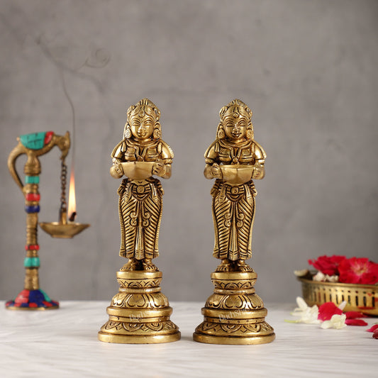 Brass Pavaai Villaku Lamp Pair | Traditional Indian Handcrafted Deep Ladies 8 " - Budhshiv.com