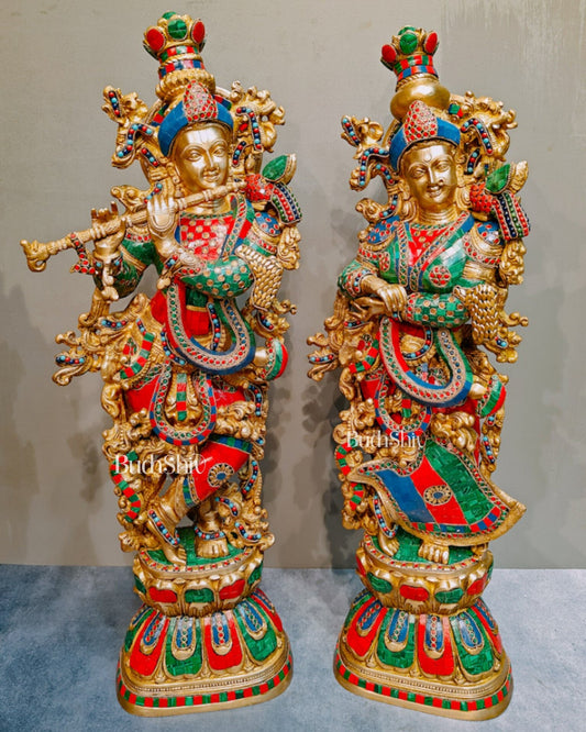 Brass Radha Krishna Idols with stonework 30 inch - Budhshiv.com