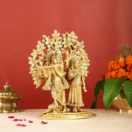 Brass Radha Krishna Statue with Kalpavriksha Tree 12 inch - Budhshiv.com