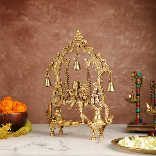 Brass Radha Krishna Swing with Three Diyas 13.5 inch Shine - Budhshiv.com