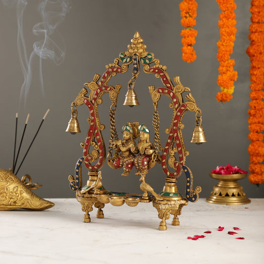 Brass Radha Krishna Swing with Three Diyas 13.5 inch with stonework - Budhshiv.com