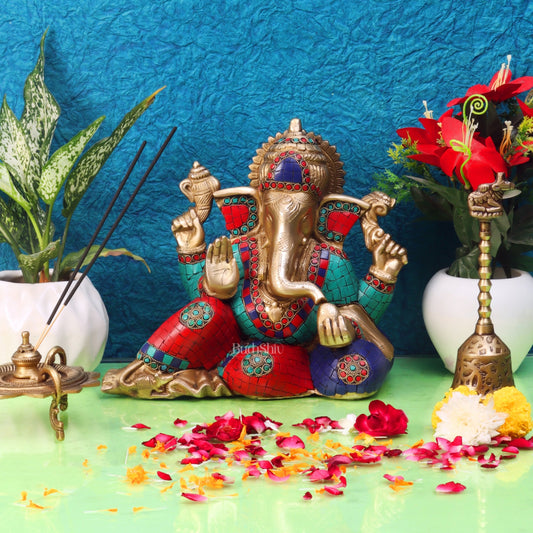 Brass Resting Ganesha Statue with Natural stones 10" - Budhshiv.com