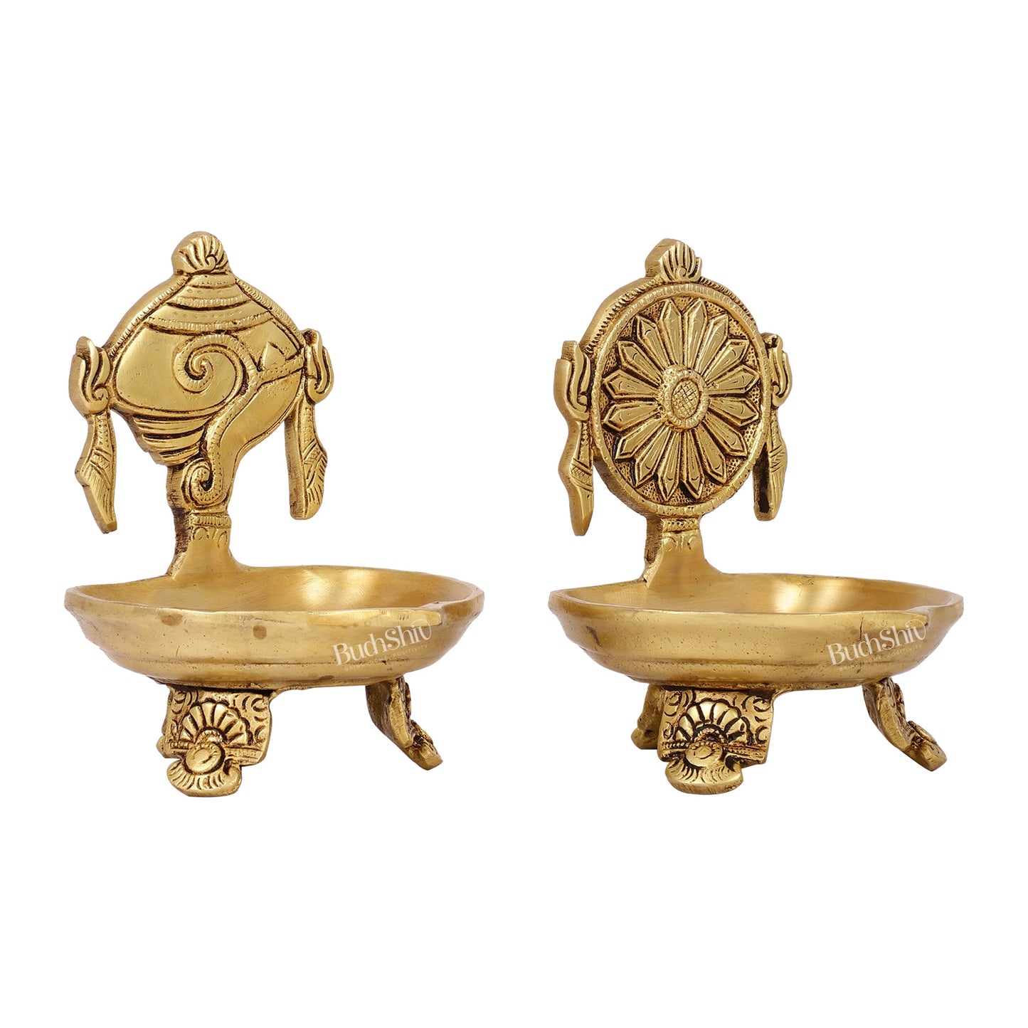 Brass Shankh and Chakra oil lamps 5 inch - Budhshiv.com
