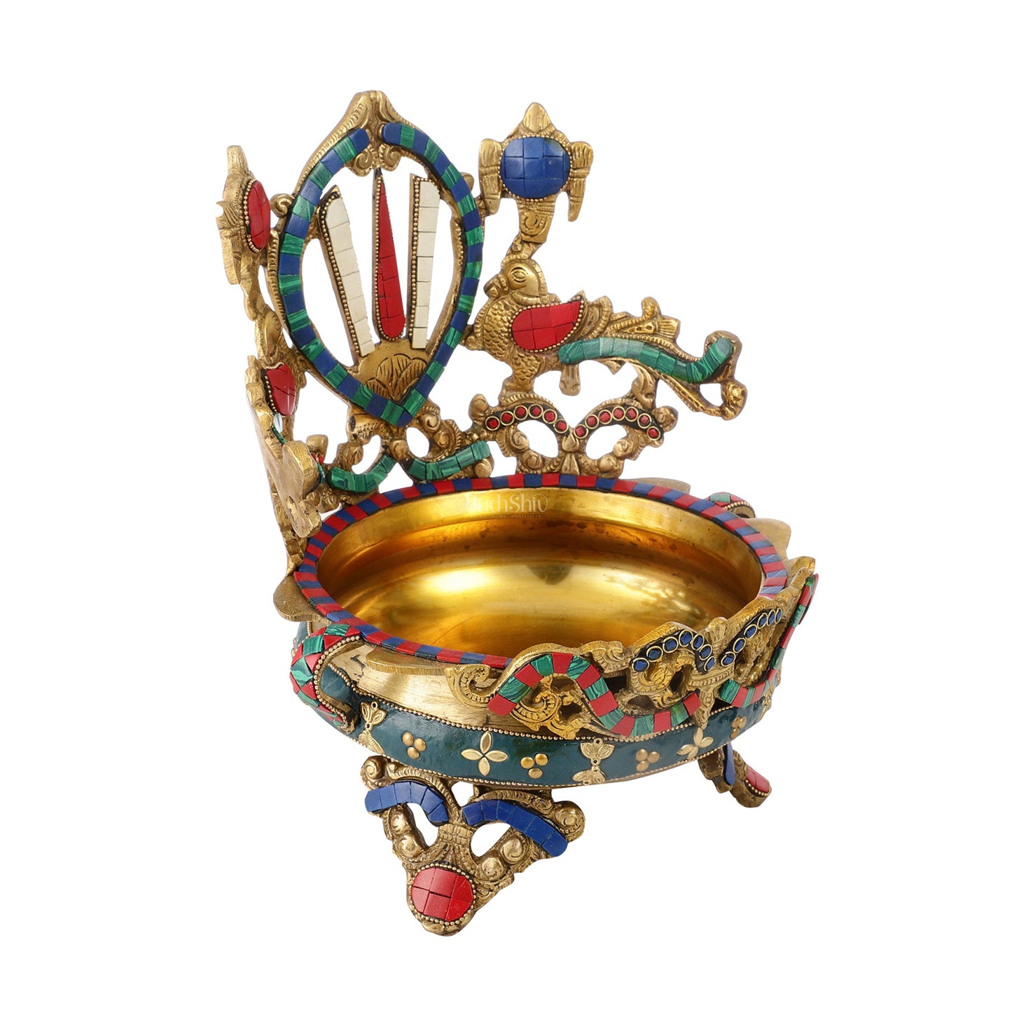 Brass Shankh Chakra Namah Urli Bowl with Stonework - 11x9.5x8.5 Inch - Budhshiv.com