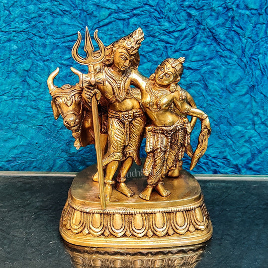 Brass Shiva and Parvati Idol with Nandi | 8.5 inch - Budhshiv.com