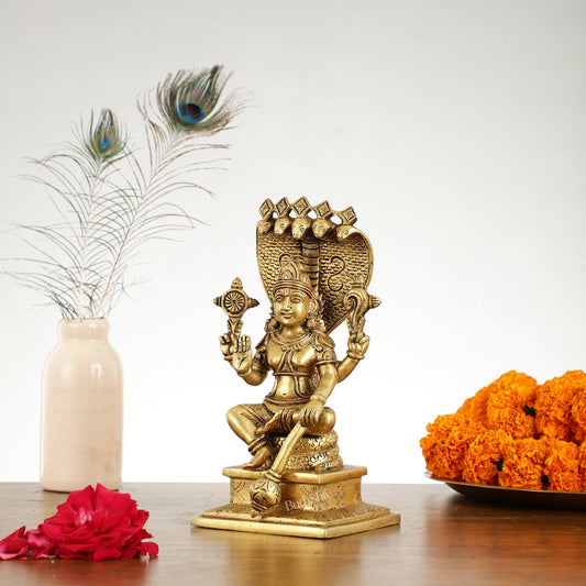 Brass Sitting Lord Vishnu with Sheshanaag Idol - 9.25 Inch - Budhshiv.com