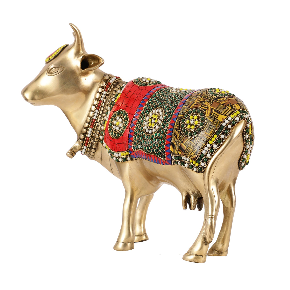 Brass Standing Cow Idol - Gomatha Statue with stonework | 13 inch - Budhshiv.com