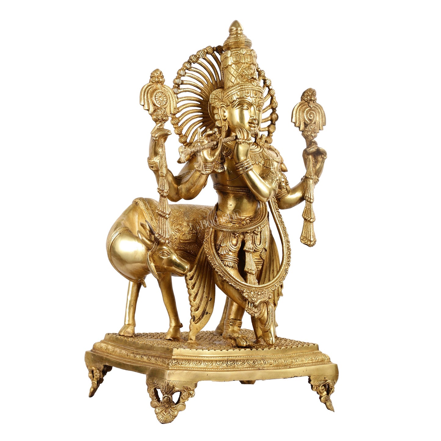 Brass Superfine Chaturbhuja Lord Krishna Statue with cow - 24 inch - Budhshiv.com