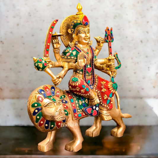Brass Superfine Durga Statue 14" stonework - Budhshiv.com