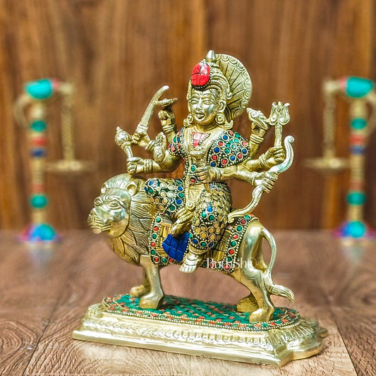 Brass Superfine Durga statue with Stonework 10 " - Budhshiv.com