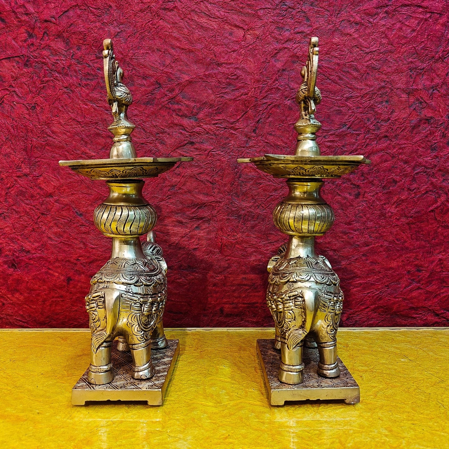 Brass Superfine Elephant with peacock lamp 11" - Budhshiv.com