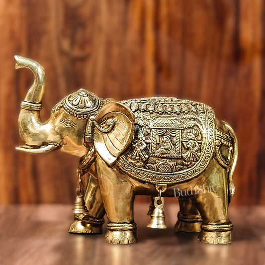 Brass Superfine Elephant with trunk up statue 11" - Budhshiv.com