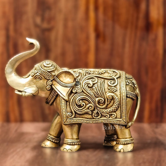 Brass Superfine Elephant with trunk up statue 12" - Budhshiv.com