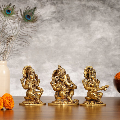 Brass Superfine Ganesha Lakshmi Saraswati Idols Set - 5 Inch - Budhshiv.com