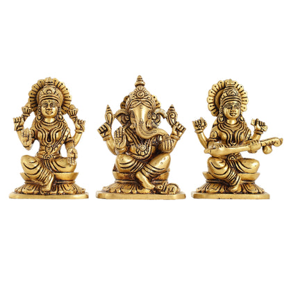 Brass Superfine Ganesha Lakshmi Saraswati Idols Set - 5 Inch - Budhshiv.com