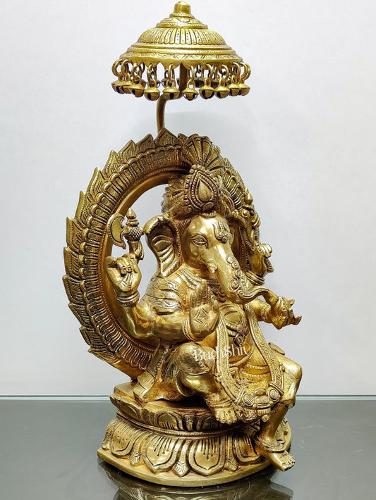 Brass Superfine Ganesha seated on a throne with umbrella 18 inch - Budhshiv.com