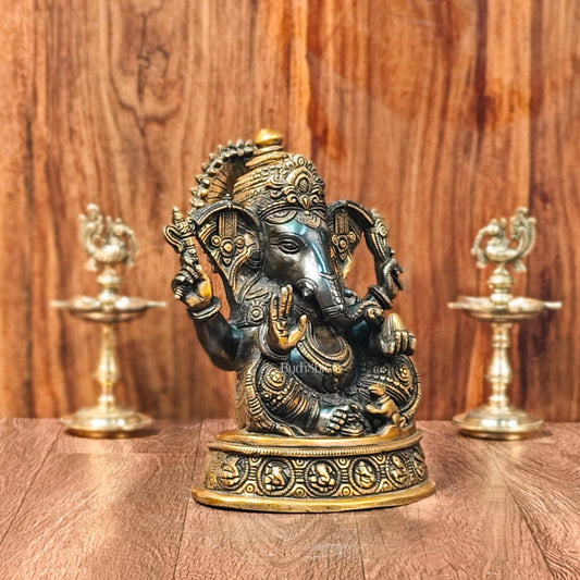 Brass Superfine Ganesha Statue with Ashtavinayaka Engraved - Midnight Black and Golden Finish - 11 inches - Budhshiv.com