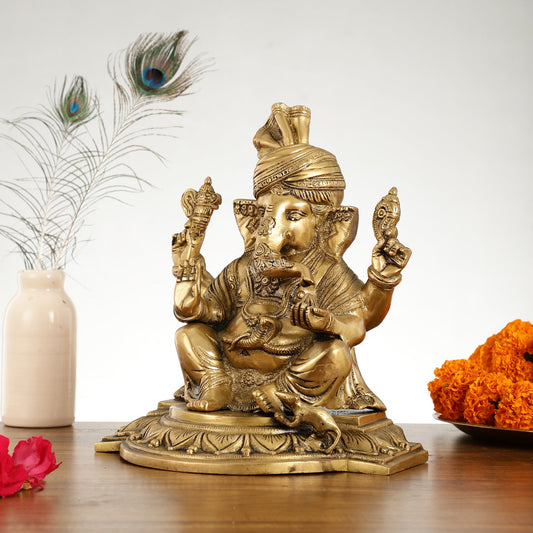 Brass Superfine Handcrafted Lord Ganesha Idol - 11 Inch - Budhshiv.com