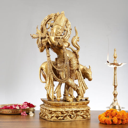 Brass Superfine Krishna with Cow Statue | Divine Elegance | Height 24 Inch - Budhshiv.com