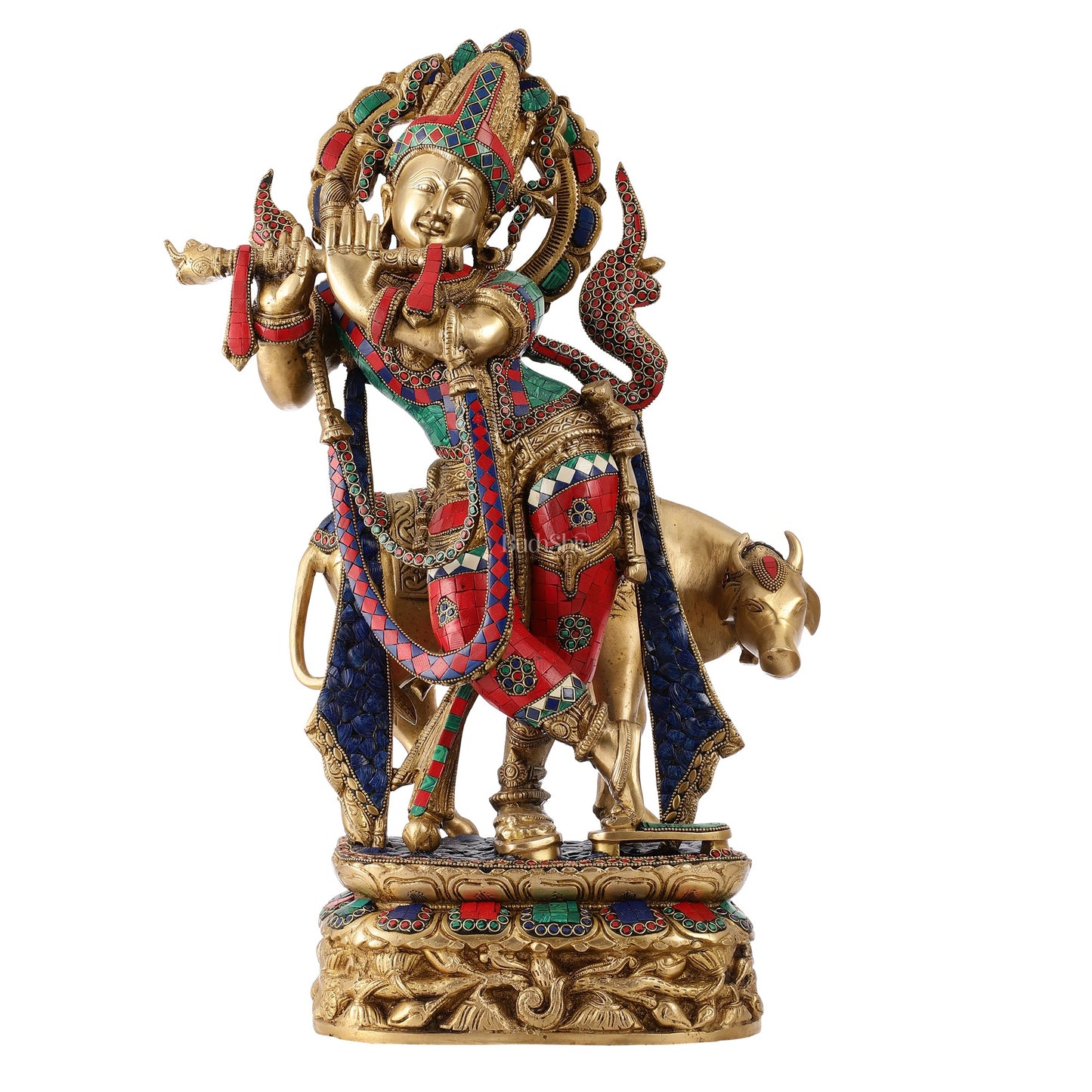 Brass Superfine Krishna with Cow Statue | with stonework | Height 24 Inch - Budhshiv.com