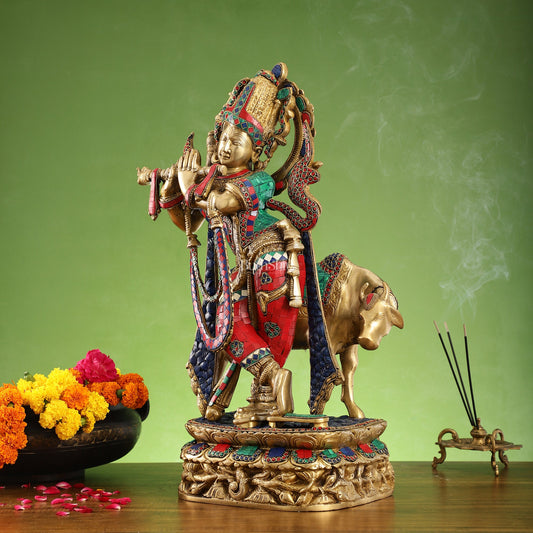 Brass Superfine Krishna with Cow Statue | with stonework | Height 24 Inch - Budhshiv.com