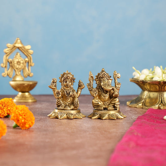 Brass Superfine Lakshmi & Ganesha Idols Set | 3" - Budhshiv.com