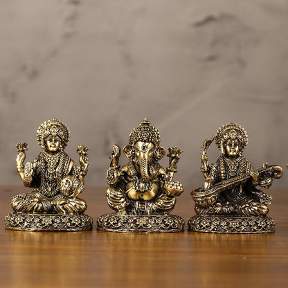 Brass Superfine Lightweight Intricate Ganesh Lakshmi Saraswati Idols - 3" - Budhshiv.com