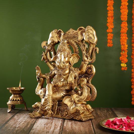 Brass Superfine Lord Ganapati Seated on Throne Statue 18 inch - Budhshiv.com