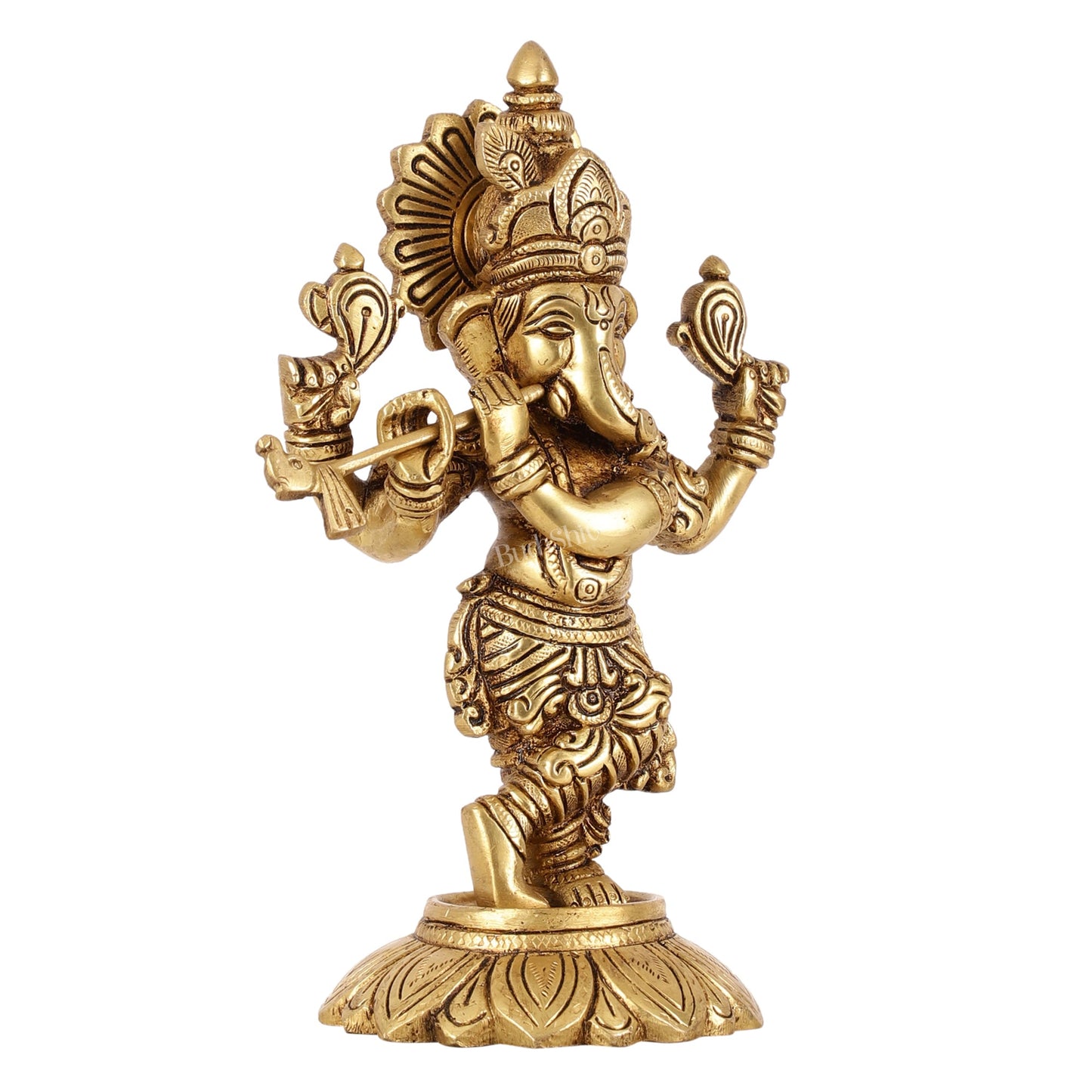 Brass Superfine Lord Ganesha Playing Flute Idol - 7 Inch - Budhshiv.com