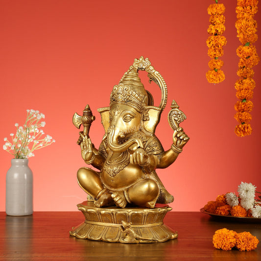 Brass Superfine Lord Ganesha Statue on Lotus Base - 15 Inch - Budhshiv.com