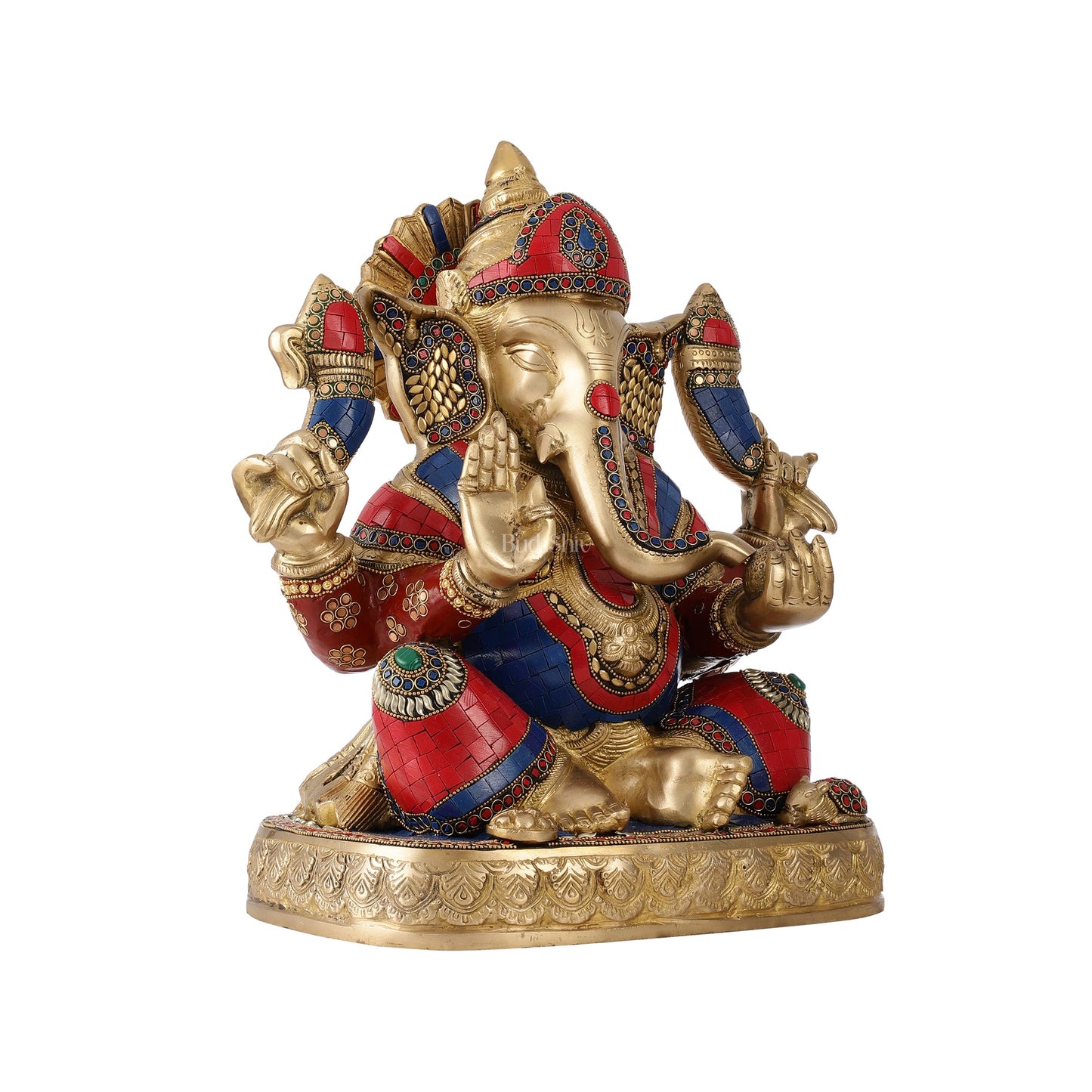 Brass Superfine Lord Ganesha Statue with Attached Pedestal - 15 inch with stonework - Budhshiv.com