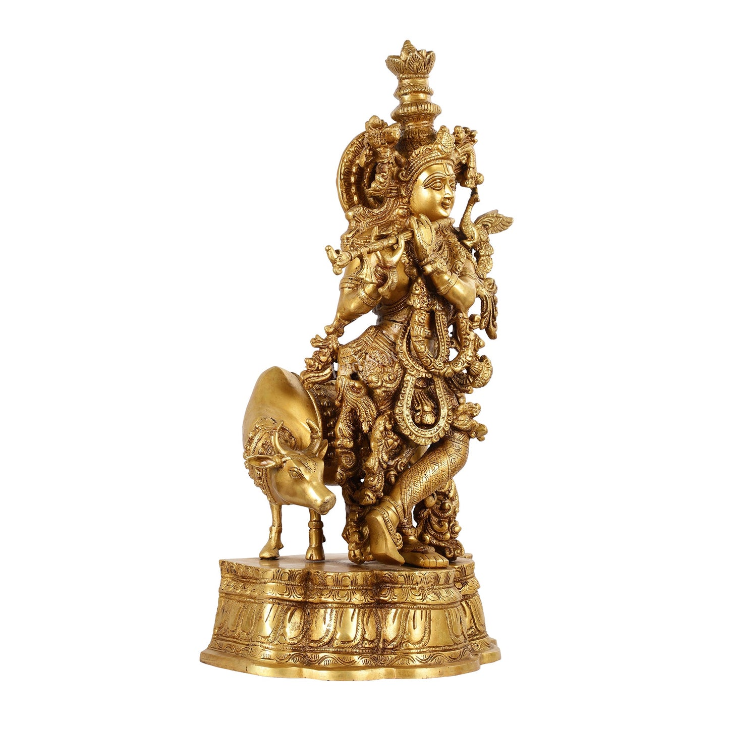 Brass Superfine Lord Krishna with Cow Idol - 22 Inch - Budhshiv.com