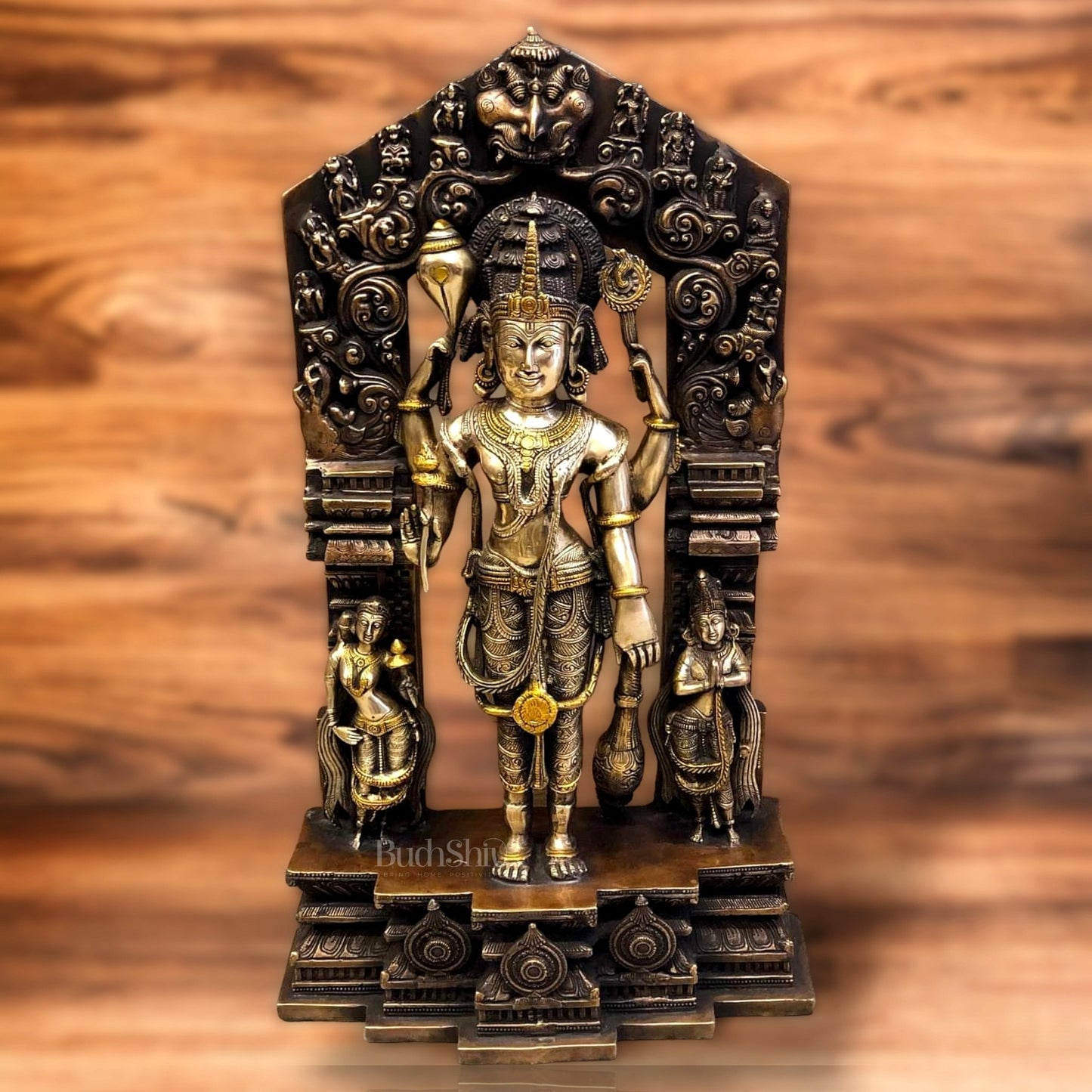 Brass Superfine Lord Vishnu Statue with Frame and Bhudevi Sridevi - 29 Inch - Budhshiv.com