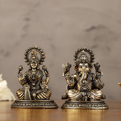 Brass Superfine Miniature Ganesha Lakshmi Duo Lightweight Idols - 3.5" | - Budhshiv.com
