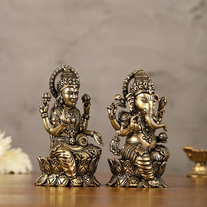 Brass Superfine Miniature Ganesha Lakshmi Duo Lightweight Idols - 4.5" - Budhshiv.com