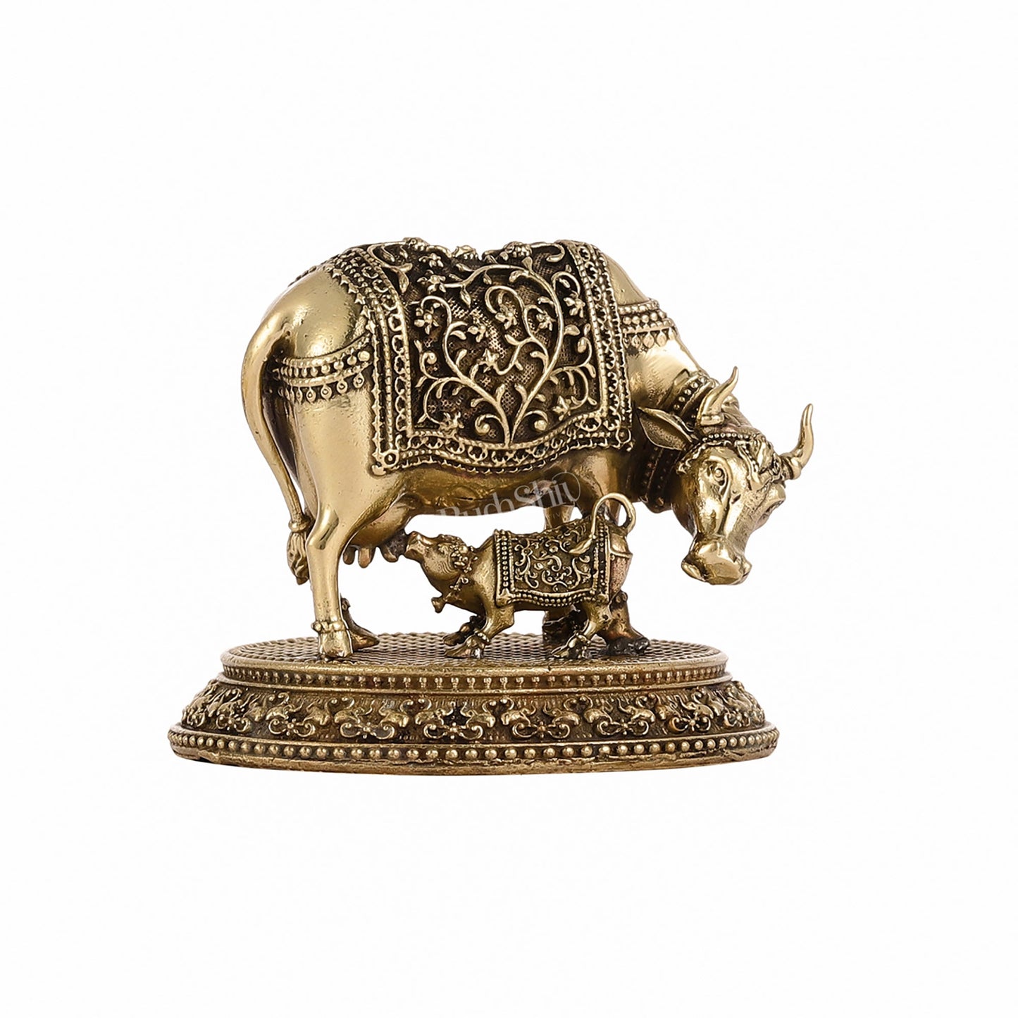 Brass Superfine Miniature Kamdhenu Cow with Calf - 3" - Budhshiv.com