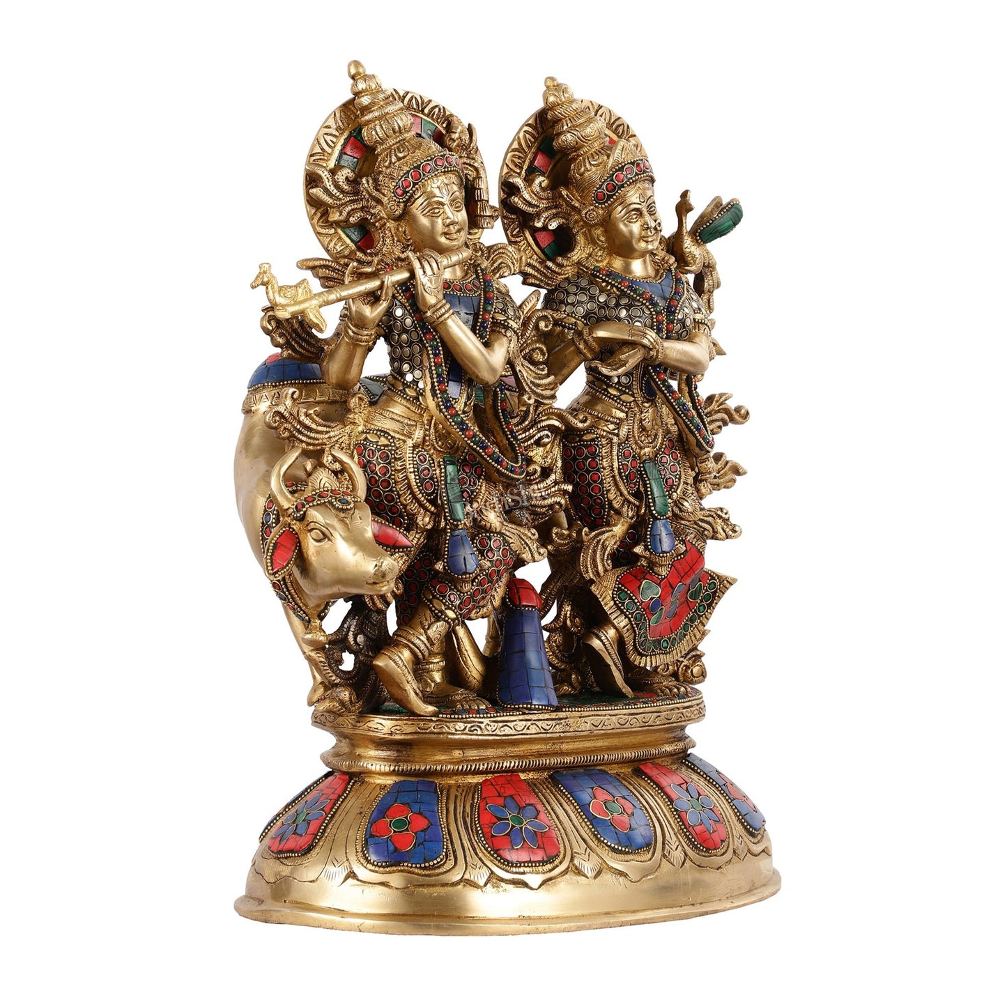Brass Superfine Radha Krishna with Cow Idol - 16 Inch - Budhshiv.com