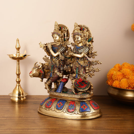 Brass Superfine Radha Krishna with Cow Idol - 16 Inch - Budhshiv.com