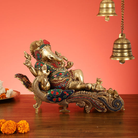 Brass Superfine Resting Large Ganesha Idol with Stonework 16 inch wide - Budhshiv.com