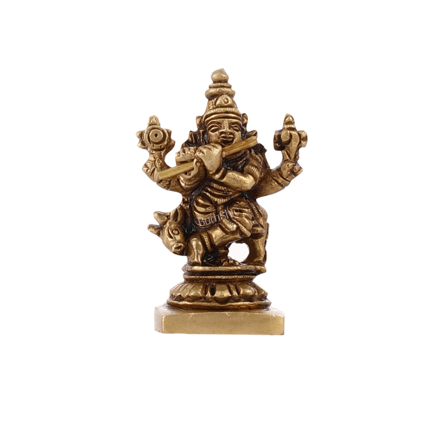 Brass Superfine Small Krishna with Cow Idol | Height 2 inch - Budhshiv.com