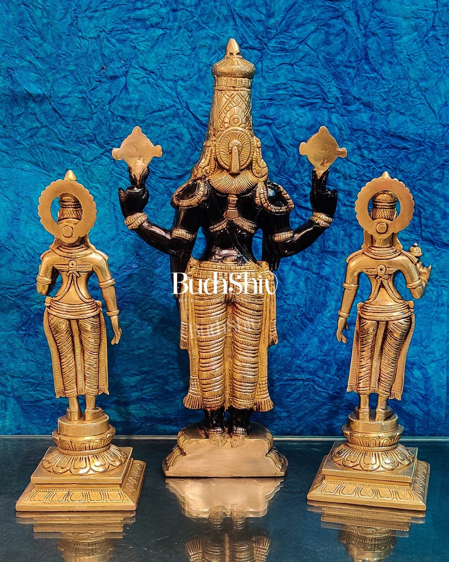 Brass Superfine Tirupati balaji with Bhudevi and Sridevi 18" - Budhshiv.com